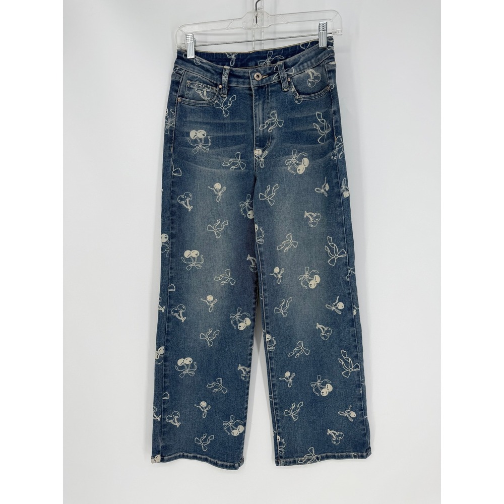 YMI Girl Jeans 26 Blue Cherry Bow Print Wide Leg Denim Coquette Y2K Whimsical